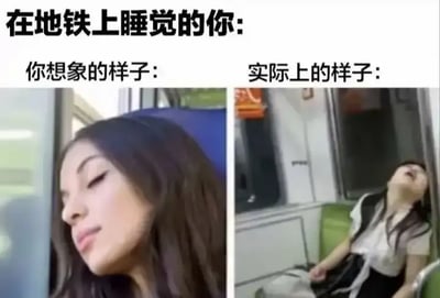 这张梗图以“在地铁上睡觉的你”为主题，通过左右两幅对比图展现想象和现实中的巨大差距。左边是自己想象中优雅靠窗睡觉的样子，右边则是现实中的尴尬、张嘴仰头睡姿。极具代入感，适合调侃、吐槽自己。对比的反差带来的幽默效果，是典型的理想与现实梗图结构，没有明显双关或谐音，但表现出社畜生活的好笑和无奈。