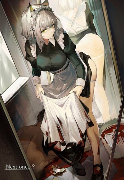 这是一张《明日方舟》的同人插画，画面里的凯尔希身着女仆装，她的围裙沾染了血迹，正提着裙摆站在倒下的人物身旁，旁边的桶里装着疑似血液的红色液体，左下角配文“Next one...?”，整体氛围暗黑危险，暗示她刚刚完成了某个带有攻击性的行动，正在寻找下一个目标，完全脱离了原作中她作为医疗干员的设定。