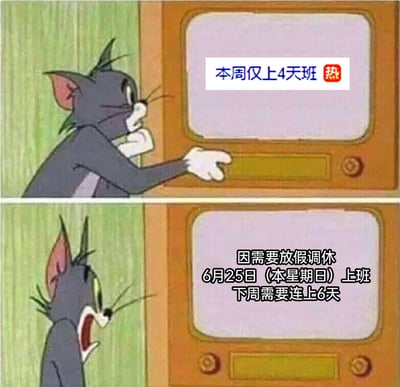 这是一张由经典动画《猫和老鼠》的汤姆猫截图改编的上下对比梗图。上半部分中，汤姆猫带着期待惊喜的表情看向屏幕，屏幕显示热搜消息“本周仅上4天班”；下半部分屏幕则展示了后续的调休规则：“因需要放假调休，6月25日（本星期日）上班，下周需要连上6天”，汤姆猫瞬间崩溃，大张嘴巴露出震惊痛苦的神情。整张图通过汤姆猫的表情反差，精准还原了打工人看到短假后需连班的无奈与崩溃，引发职场群体的强烈共鸣，用幽默的方式吐槽了调休制度带来的情绪落差。