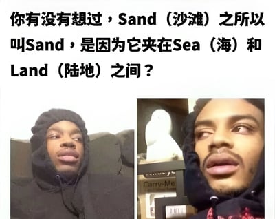 这是一张左右对比的表情包，上方配有文字："你有没有想过，Sand（沙滩）之所以叫Sand，是因为它夹在Sea（海）和Land（陆地）之间？"。图片左侧是一名戴着黑色帽子的男子，表情困惑迷茫；右侧是同一名男子，表情变为恍然大悟、眼神向上看的惊讶状态。

图片使用了伪词源学的幽默手法，将"Sand"（沙滩）拆解为夹在"Sea"（海）和"Land"（陆地）之间的双关语，制造出一种恍然大悟的喜剧效果。