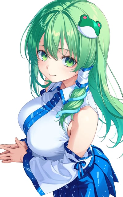 插画中是一位有着及腰长绿发的少女，头发上别着一个绿色青蛙造型的发饰，青蛙的眼睛是粉红色的。她有着明亮的绿色眼眸，眼神温柔，嘴角微微上扬带着微笑。上身穿白色无袖上衣，领口和袖口有蓝色波点装饰，系着蓝色丝带；下身搭配蓝色短裙，裙摆有白色波点。她的双手轻轻交叠放在身前，姿态优雅。整体画面构图清晰，色彩以绿色和蓝色为主，营造出清新可爱的氛围。