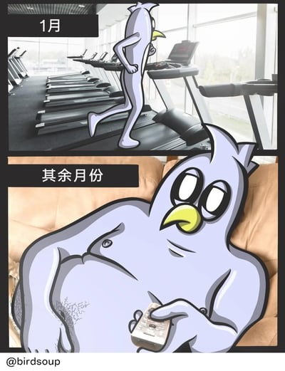 这是一张上下分栏的对比类卡通漫画，上栏标注“1月”，画面是健身房场景，一只拟人化的浅紫色小鸟正精神饱满地在跑步机上跑步，展现出年初立下健身目标时的干劲；下栏标注“其余月份”，同一只小鸟变得圆滚滚、胖嘟嘟，瘫在柔软的沙发上，手里拿着遥控器，眼神空洞无神，完全是躺平摆烂的状态。这组图精准戳中了很多人在新年初始立下健身计划，却难以坚持，很快就回归慵懒日常的普遍现象，用夸张的卡通形象对比制造出搞笑又真实的效果。