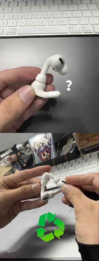 这是一组上下拼接的趣味梗图：<br>上图中，一只手通过特定角度摆放两只AirPods Pro耳机，制造出一个“弯曲拼接成的怪异耳机”的视觉错觉，旁边的问号强化了这种迷惑感；<br>下图则揭晓真相，两只耳机被摆成环形，下方的绿色回收标志调侃这种“重组”的效果。<br>整体是利用物品摆放角度制造的视觉错位创意，没有双关或谐音梗，主打日常物品的趣味玩梗。