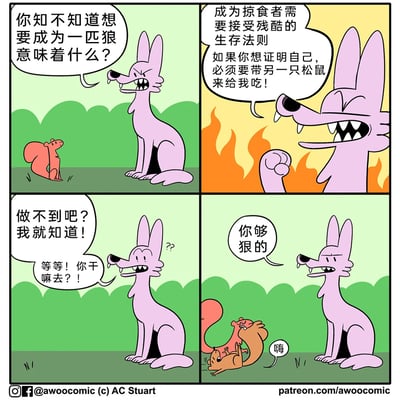 这是一则四格连环卡通漫画，以黑色幽默的反转情节展开：紫色的狼向一只红色松鼠提出“成为掠食者的考验”，要求它带回另一只松鼠来证明自己的狠厉，狼起初笃定松鼠无法做到，甚至在松鼠离开时发出嘲讽与疑问，结果红色松鼠真的带着一只棕色松鼠返回，狼见状无奈地感叹“你够狠的”，整个故事用简洁的画面和对话制造出意料之外的趣味效果。