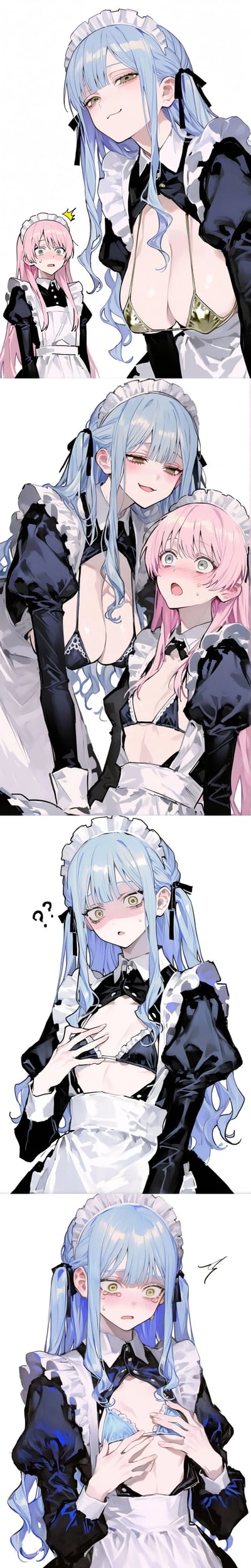 这是一组四格连环二次元漫画，讲述了趣味十足的小剧场：
1. 蓝发女仆得意地展示自己的金色内衣，脸上带着坏笑，粉发女仆在一旁露出震惊的表情；
2. 画面一转，蓝发女仆凑近粉发女仆，才发现两人的女仆装内搭穿混了，自己换上了粉发女仆的小尺寸黑色内衣，粉发女仆也露出更加慌张的神情；
3. 蓝发女仆低头看向自己的胸口，露出满脸疑惑、不敢置信的表情；
4. 最后蓝发女仆双手紧紧捂住胸口，眼眶含泪，彻底陷入社死崩溃的状态。
漫画通过穿错衣服的反差感制造搞笑效果，带有百合向的暧昧趣味。