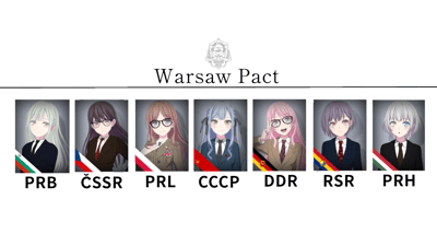 图片展示了华沙条约组织(Warsaw Pact)的动漫拟人化创作。顶部有组织徽章和名称，下方排列着七个身着不同制服的动漫女性角色，每个角色代表一个成员国，下方标注国家缩写并配有对应国旗元素。角色设计风格统一为日系动漫风格，发型和服装细节各有特色，展现了不同国家的特点。