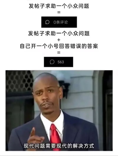 图片上半部分通过两组等式对比：“发帖子求助一个小众问题 = 0条评论”和“发帖子求助一个小众问题 + 自己开一个小号回答错误的答案 = 563条评论”，下半部分是一位穿西装打红领带的男子手指向前方，配文“现代问题需要现代的解决方式”。整体以幽默方式讽刺社交媒体中，真正的小众问题无人关注，反而通过制造错误答案引发争议能获得高互动的现象。