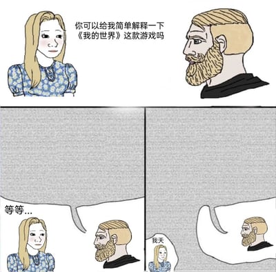 这是一幅四格连环卡通漫画，以夸张搞笑的方式呈现了解释《我的世界》时的场景：第一格中，金发女生向络腮胡男生提出请求，希望对方简单解释《我的世界》这款游戏；第二格男生开始解释，画面出现“等等...”的文字，女生露出疑惑的神情；第三格男生的形象已经明显变小，女生发出“我天”的惊叹；第四格男生的形象变得更小，几乎要消失在对话框的边缘。漫画通过男生形象不断缩小的夸张手法，调侃《我的世界》这款游戏内容体系极为庞大、玩法分支繁多，看似简单的“解释”需求，实际会引发没完没了的长篇大论，让询问的人感到震惊和无奈。