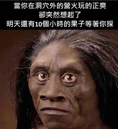 图片上方有白色文字："當你在洞穴外的營火玩的正爽 卻突然想起了 明天還有10個小時的果子等著你採"。下方是一张穴居人的特写照片，他有着凌乱的深色头发和明显的面部皱纹，双眼圆睁，瞳孔放大，表情震惊，仿佛突然想起了什么令人不安的事情。这张梗图通过原始人的形象和现代打工人的心态形成幽默对比，用"采果子"比喻工作任务，表达了人们在享受当下时突然想起未来责任的无奈与震惊。