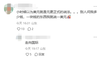 这是一张来自国内社交媒体的静态截图，包含两条来自山东地区用户的评论。第一条评论发布于当日16:31，内容为用户分享自己的童年趣事：小时候误以为“美元”是“元”的正式说法，当别人询问商品价格时，价值一块钱的东西自己会说成“一美元”，并搭配了一个哭笑不得的表情，该评论获得了13个点赞和2条回复；第二条评论是对第一条的互动回复，发布于当日19:17，内容为“走向国际”，以调侃的方式回应第一条的童年趣事，获得了5个点赞。截图中用户头像做了马赛克处理，整体内容是轻松搞笑的童年日常分享。