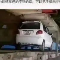 这是一张利用视觉错位效果拍摄的趣味照片，一辆白色小型轿车停在桥下的平台区域，从当前拍摄角度看，轿车的上半部分被桥体完全遮挡，营造出轿车车头被桥“卡住”甚至“吞入”的错觉。图上方配有文字“为这辆车停的不错的话，可以把手机向左”，引导用户变换视角，当将手机向左转动后，就能发现轿车其实是正常停放在桥下，并没有被桥卡住，是典型的利用拍摄角度制造的视觉趣味场景。