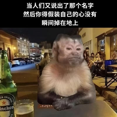 一张 meme 图片，主体是一只猴子的脸被编辑到一个坐在户外咖啡馆桌前的人身上。背景是夜晚的街道，有建筑物、停放的汽车和其他坐在桌旁的人。猴子面前的桌子上放着一瓶绿色的喜力啤酒和一杯啤酒。图片上方配有文字：“当人们又说出了那个名字 然后你得假装自己的心没有 瞬间掉在地上”，表达了听到某个敏感名字时，表面强装镇定，内心却十分失落的情绪。