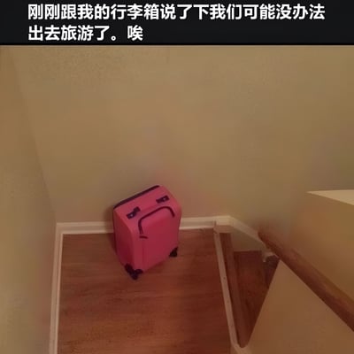 图片上方有一行黑色背景白色文字：“刚刚跟我的行李箱说了下我们可能没办法出去旅游了。唉”，下方是一张实拍照片，展示了一个粉色的行李箱被放置在墙角的木地板上，右侧可见部分楼梯。通过拟人化的方式，将行李箱赋予情感，表达了因无法出行而产生的无奈与失望情绪，整体风格生活化且带有一丝幽默。