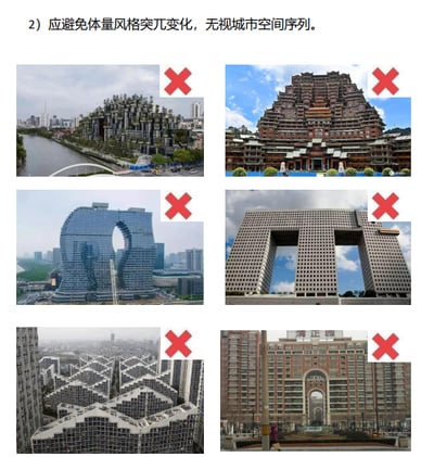 这是一张多图拼接的文字加注图，上方标注文字“2) 应避免体量风格突兀变化，无视城市空间序列。”，下方展示了6座造型风格独特、与周边城市空间协调性较差的建筑，每座建筑图片右上角都带有红色叉号，将它们作为违背城市空间序列、风格突兀的反面案例。这些建筑分别是上海天安千树、张家界七十二奇楼、杭州之门、佛山方圆大厦、苏州特色住宅建筑、上海湾汇园小区建筑，它们的造型或过度模仿自然形态、或造型怪异夸张，与周边城市风貌格格不入，用于说明城市建筑设计中需要注重与整体空间序列协调的设计原则。