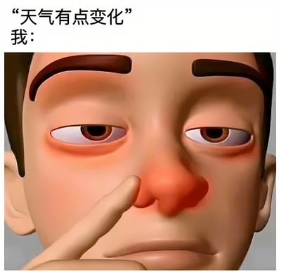 图片上方有文字"天气有点变化 我："，下方是一个卡通人物的面部特写。这个人物有着棕色的眉毛和眼睛，眼睛向两侧斜视，脸颊泛红，正用一根手指指着自己的鼻子，表情看起来有些怀疑或困惑。