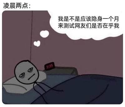 这是一张卡通风格的静态梗图，画面顶部标注“凌晨两点：”，点明时间背景；主体是一个躺在床上的火柴人形象，他双眼挂着明显的黑眼圈，眼神黯淡、表情低落惆怅，呈现出失眠的状态；床头的电子时钟显示时间为2:39，和顶部的时间标注形成呼应。火柴人的上方有一个想法气泡，里面写着“我是不是应该隐身一个月来测试网友们是否在乎我”，精准捕捉了深夜失眠时，人容易陷入自我怀疑、渴望被他人关注的脆弱情绪，用夸张又真实的脑洞，生动表现出深夜emo的状态，能够引发有类似失眠情绪体验的人群的共鸣。