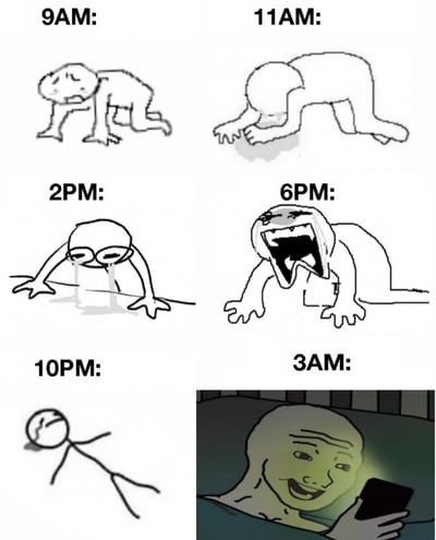 这是一张由六幅卡通小图拼接而成的meme，展示了一个社畜从早到晚的状态变化：9AM时，卡通小人四肢着地，表情痛苦，勉强支撑着身体，呈现出刚开工就疲惫不堪的状态；11AM时，小人身体瘫软，趴在地上，疲惫感进一步加剧；2PM时，小人哭着爬行，眼泪流成线，满脸疲惫与委屈，仿佛被工作彻底榨干；6PM时，小人张大嘴巴嘶吼，表情崩溃，宣泄着一天的工作压力；10PM时，小人变成简单的火柴人形态，彻底瘫倒在地，累到失去力气；3AM时，小人躺在床上，被手机屏幕照亮脸庞，表情亢奋又满足，完全没有了白天的疲惫，精准呈现出当代人深夜报复性玩手机的典型状态。