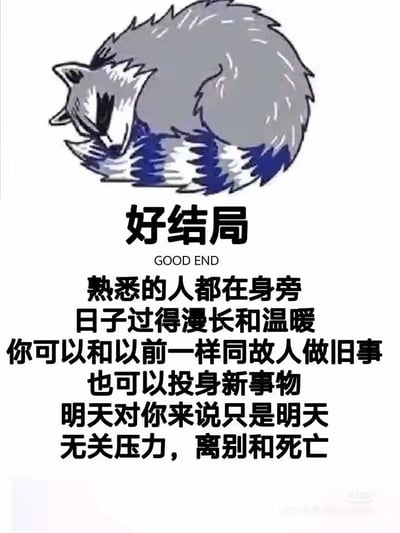 图片上方是一只卡通浣熊，身体蜷缩成圆形，尾巴带有蓝白相间的条纹，双眼紧闭，呈现出安详睡觉的姿态。下方配有文字内容：“好结局 GOOD END 熟悉的人都在身旁 日子过得漫长和温暖 你可以和以前一样同故人做旧事 也可以投身新事物 明天对你来说只是明天 无关压力，离别和死亡”。整体画面风格温馨治愈，通过可爱的动物形象与充满希望的文字结合，传递出对理想中平静温暖生活状态的向往。
