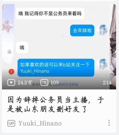 这张图分为上下两部分，上半部分是聊天记录截图，一方询问另一方是不是公务员，另一方回复去年已经辞职，之后回复方发出邀请对方关注自己B站账号Yuuki_Hinano的消息时显示发送失败，提示需要先添加对方为好友，该聊天界面标注了播放量24.3万、评论数109、时长2:14；下半部分是事件配文，说明当事人辞去公务员当主播后被山东朋友删了好友，左下角标注了该内容的UP主ID为Yuuki_Hinano，内容体现了不同人群对职业选择的观念差异。