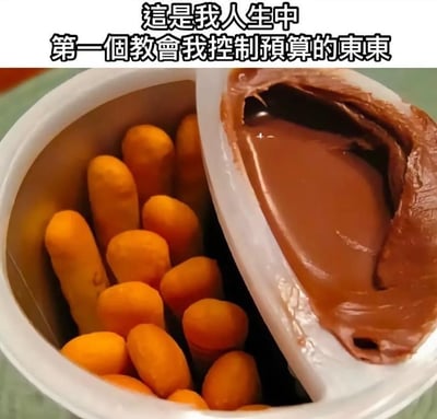 图片展示了一个分隔式零食容器，左侧装有橙色手指状饼干，右侧装有巧克力蘸酱。上方配有文字'這是我人生中第一個教會我控制預算的東東'，幽默地表达了这种零食如何让人学会控制食用量（预算）——因为饼干和酱料的数量有限，需要合理分配才能吃完。