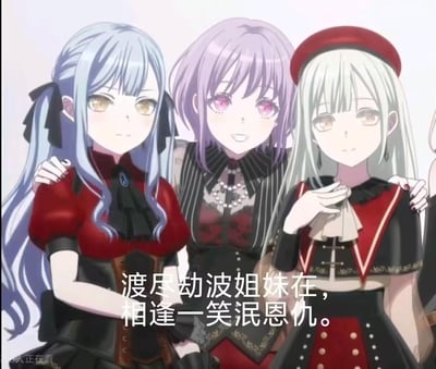 这是一张出自二次元音乐企划《BanG Dream!》的梗图，图中是Roselia组合的三位角色冰川纱夜、凑友希那、白金燐子，中间的凑友希那亲昵地搭着两边角色的肩膀，三人呈现出和睦的姿态。图下方配文“渡尽劫波姐妹在，相逢一笑泯恩仇”，用来调侃这三位角色在剧情里曾有过矛盾分歧，如今重归于好的状态。