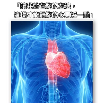 图片上方为传统中文文字“讓我站在妳的左邊，這樣才能離妳的心更近一點”，表达了想通过站在对方左边来靠近其心脏的浪漫意图。下方是一张人体胸腔的3D医学渲染图，蓝色线条勾勒出肋骨结构，红色高亮显示心脏位于胸腔偏左位置，直观展示了心脏的解剖学位置，与上方文字形成呼应，用科学知识包装浪漫情话。