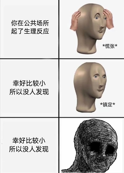 这是一张三行两列的连环梗图，通过文字与图像结合展现社死瞬间的心理变化。第一行左图文字“你在公共场所起了生理反应”，右图是3D建模的头部模型双手扶头，标注“*慌张*”；第二行左图文字“幸好比较小所以没人发现”，右图同个头部模型表情平静，标注“*镇定*”；第三行左图重复相同文字，右图则变成线条扭曲、眼神空洞的涂鸦风格头部，形成从慌张到镇定再到诡异的情绪递进。