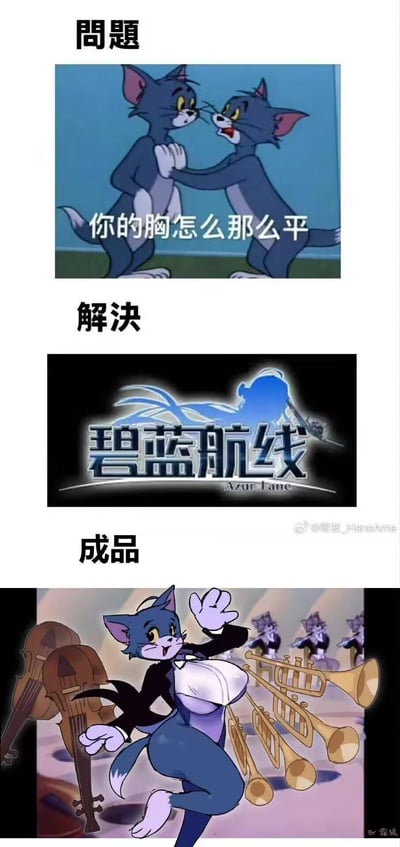 梗图分三部分纵向排列：第一部分“问题”中两只汤姆猫面对面，左边抓住右边胸口，配文“你的胸怎么那么平”；第二部分“解决”展示《碧蓝航线》游戏LOGO；第三部分“成品”里汤姆穿黑色礼服，胸部夸张丰满，背景有乐队演奏。通过将汤姆猫与《碧蓝航线》标志性的夸张女性体型结合，制造幽默效果，调侃“平胸”问题被游戏风格“解决”。