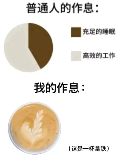 这张图通过上下分区的对比形式，呈现了理想作息与现实作息的强烈反差。上方以饼图展示普通人的健康作息，分为“充足的睡眠”和“高效的工作”两个平衡的部分；下方则用一杯带有拉花的拿铁咖啡代表“我的作息”，以幽默的方式调侃自己既没有充足睡眠，也无法高效工作，只能依靠咖啡因来维持状态，精准戳中了当代职场人或年轻人作息混乱、疲惫不堪的生活痛点，用自嘲的方式表达对自身状态的无奈。