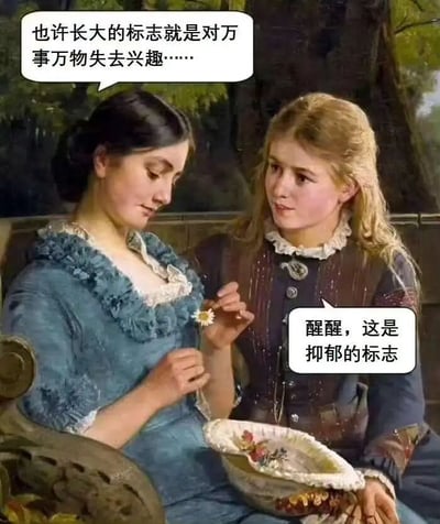 图片改编自一幅古典油画，描绘了两位身着19世纪服饰的女性。左侧穿蓝色连衣裙的女性手持一朵雏菊，表情平静地说："也许长大的标志就是对万事万物失去兴趣……"。右侧穿深色衣服的女性则带着关切的表情回应："醒醒，这是抑郁的标志"。画面背景是模糊的树林，营造出古典绘画的氛围。