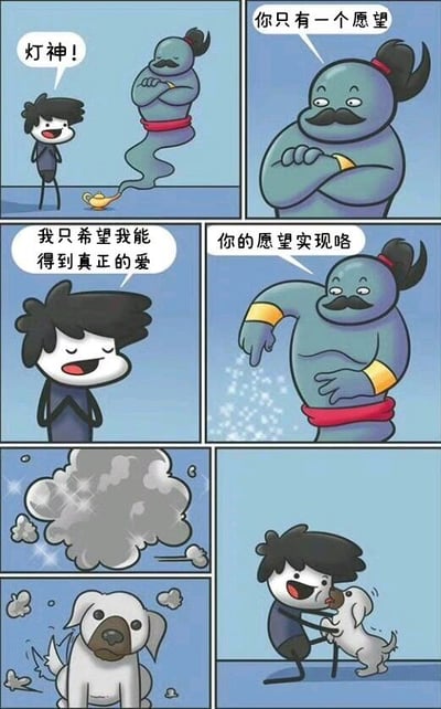 这是一幅六格连环卡通漫画。第一格中，一个黑发卡通人物兴奋地对着神灯喊“灯神！”，蓝色灯神从灯中冒出，抱臂站立。第二格灯神严肃地说“你只有一个愿望”。第三格人物闭眼许愿：“我只希望我能得到真正的爱”。第四格灯神得意地施法，说“你的愿望实现咯”。第五格魔法烟雾散去，出现一只摇尾巴的小狗。第六格人物开心地抱起小狗，画面温馨。