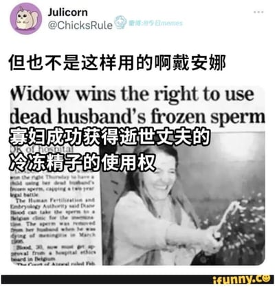 这是一张无厘头玩梗的P图作品，将一则“寡妇成功获得逝世丈夫冷冻精子使用权”的新闻报道截图，通过图像合成把图中庆祝的女性的动作修改为守望先锋英雄黑百合（Widowmaker，玩家常称“寡妇”，这里玩梗称呼为“戴安娜”）持枪射击的动作，并配上中文吐槽“但也不是这样用的啊戴安娜”，利用新闻中的“寡妇”（widow）与游戏角色“黑寡妇”（Widowmaker）的名称关联，制造反差搞笑的效果，调侃新闻事件与游戏设定的违和感。