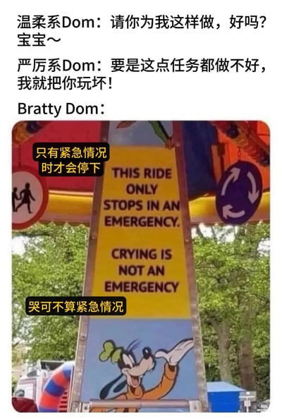 这是一张对比不同类型Dom性格特点的搞笑梗图。图中展示了三种类型的Dom：温柔系Dom会用撒娇的语气请求对方做事，说"请你为我这样做，好吗？宝宝～"；严厉系Dom则态度强硬，威胁说"要是这点任务都做不好，我就把你玩坏！"；而Bratty Dom（傲娇系）则用一张游乐园设施的照片来表现，照片中有一个黄色指示牌写着"THIS RIDE ONLY STOPS IN AN EMERGENCY. CRYING IS NOT AN EMERGENCY"，配上中文翻译"只有紧急情况时才会停下 哭可不算紧急情况"，幽默地表现出傲娇系Dom不会因为对方哭闹而心软的特点。