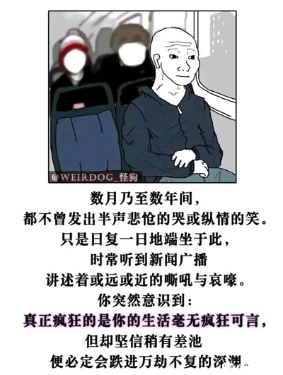 这是一幅由@WEIRDOG_怪狗创作的图文漫画，画面呈现了一个坐在公共交通座位上的卡通男子，他表情麻木空洞，双手交叠端坐，背景是模糊的其他乘客。下方的文字细致描绘了一种长期情绪麻木的生活状态：数月乃至数年间没有悲喜情绪的流露，只是日复一日重复着端坐的动作，听着新闻里的世间百态，最终意识到自己的生活看似安稳无波澜，实则因恐惧出错而陷入毫无生气的疯狂，精准刻画了当代都市人被生活磨平棱角、陷入精神内耗的麻木处境，引发受众对自身生活状态的共鸣。