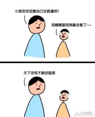 这是一张两格连环漫画，采用简约的卡通画风。上格中，穿蓝色衣服的大人关切地询问路边哭泣的黄衣小孩："小朋友你怎么自己在路边哭?"，小孩带着泪痕回答："我刚刚跟我妈妈走散了~~"。下格中，大人用一句充满哲理的古语"天下没有不散的筵席"回应，让原本伤心的小孩继续保持哭泣状态。

图片通过反差萌制造幽默效果：用严肃的人生哲理回应孩童纯真的悲伤，形成一种不合时宜的搞笑场景。