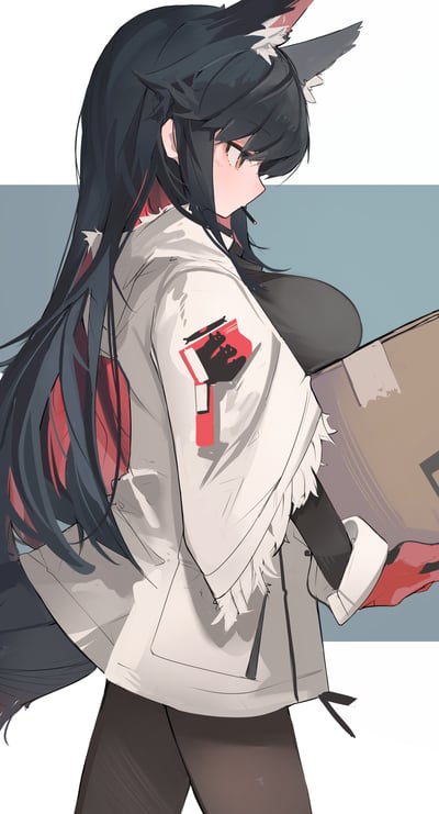 这是一张手游《明日方舟》的同人插画，画面中的角色是企鹅物流成员德克萨斯，她有着黑色长发与狼耳，嘴里叼着一根Pocky，身穿带有企鹅物流红色标识的白色外套，内搭深色上衣，戴着红色手套，正侧身抱着一个纸箱，表情平静，整体画风简洁干练，色彩对比鲜明，突出了角色的冷艳干练气质。