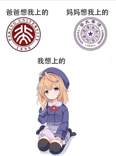 这张图通过三栏对比的形式，展现了亲子间的升学期望差异：
1. 爸爸期望孩子就读的北京大学，搭配官方校徽；
2. 妈妈期望孩子就读的清华大学，搭配官方校徽；
3. 孩子自己想要“上”的则是一个软萌的二次元女孩，用谐音梗（“上”既指上学，也指对二次元角色的喜爱）来调侃自己的兴趣偏好与家长期望的反差，充满了年轻人的自嘲与趣味。