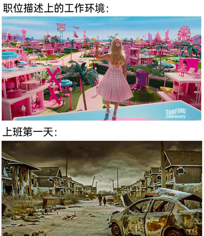这是一张上下拼接的吐槽梗图，精准展现了打工人面对职场招聘美化与现实的强烈反差。上图标注“职位描述上的工作环境”，采用电影《芭比》里的芭比乐园场景，画面以饱和度极高的粉色为主色调，遍布精致梦幻的建筑、游乐设施，氛围轻松美好，如同完美的理想工作天堂；下图标注“上班第一天”，则是灰暗压抑的末日风格居民区场景，天空乌云密布，房屋破败老旧，路边停着锈蚀废弃的汽车，整体氛围沉闷绝望，和上图形成极致的视觉与氛围反差，戳中无数打工人被招聘描述“美化”、实际工作环境残酷的共鸣。