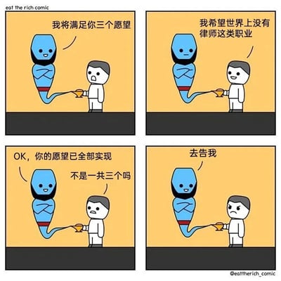 这是一则四格连环卡通漫画，讲述了一个充满反转的搞笑整蛊故事：第一格中，蓝色的灯神抱臂微笑，告诉手持神灯的人类自己可以满足他三个愿望；第二格人类许愿希望世界上不再有律师这类职业；第三格灯神直接表示所有愿望都已实现，人类疑惑明明应该有三个愿望，灯神却只实现了一个；第四格灯神得意地挑衅人类“去告我”，此时人类才恍然大悟——自己的愿望让世界上没有了律师，就算想控告灯神违约，也找不到律师来帮助自己，完全落入了灯神设置的陷阱，荒诞的情节和巧妙的逻辑闭环制造出强烈的笑点。