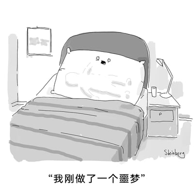 这是一幅黑白单格幽默漫画，画面呈现了一间普通卧室的场景：床上铺着条纹被子，床头的枕头被赋予了人类的表情与特征，它圆睁双眼、嘴巴张开，露出惊恐的神态，仿佛刚经历了可怕的事情。配文“我刚做了一个噩梦”将枕头拟人化，打破了“只有人类会做噩梦”的常规认知，通过这种荒诞错位的设定制造出幽默感，让原本日常的卧室场景变得趣味十足。画面右下角标注了漫画家Steinberg的签名。