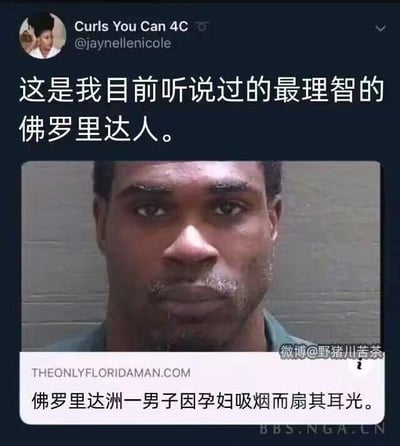 这是一张社交媒体截图，顶部是推特用户@jaynellenicole的发言：“这是我目前听说过的最理智的佛罗里达人。”，下方配有一张男子的入狱面部照片，照片下方标注了来源网站THEONLYFLORIDAMAN.COM，以及新闻内容“佛罗里达州一男子因孕妇吸烟而扇其耳光。”。

梗点解析：“佛罗里达人”是网络上的知名梗，源于佛罗里达州频繁出现各种荒诞离谱的新闻事件，网友默认“佛罗里达人”的行为都很怪异，而这次男子的行为虽然动手打人不对，但出发点是阻止孕妇吸烟，相比其他佛罗里达的离谱新闻，显得相对“理智”，这种反差感形成了调侃的效果。