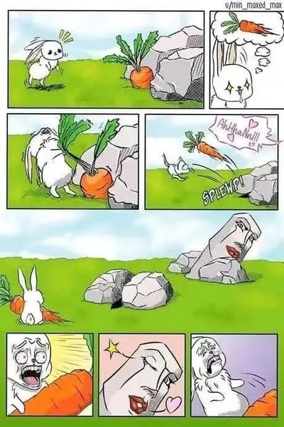 这是一组连环漫画，讲述了一只兔子的胡萝卜奇遇记。第一格：兔子在草地上看到一块岩石旁的大胡萝卜，眼睛发亮兴奋不已；第二格：兔子脑海中浮现出胡萝卜的美味，馋得流口水；第三格：兔子用力拔起胡萝卜，表情十分用力；第四格：胡萝卜突然“飞”起，兔子惊呼“Ahhh! It's a trap!”；第五格：伴随着“SPLEMP!”的音效，兔子被弹飞；第六格：兔子钻进地洞躲藏，而原本的岩石竟露出了带有红唇和爱心眼的人脸，表情魅惑。整个漫画通过拟人化的岩石和兔子的夸张反应制造出幽默效果。