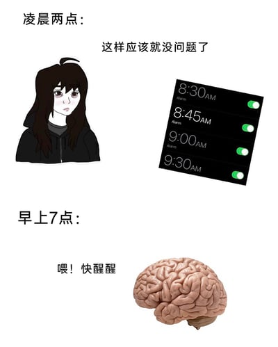 这是一张上下分栏的对比式搞笑梗图，精准还原了当代熬夜人群的真实作息困境。上半部分为凌晨两点的场景：一个带着黑眼圈、眼神疲惫的卡通女生，设置了从8:30到9:30间隔15分钟的四个闹钟，配文“这样应该就没问题了”，表现出她想睡懒觉、靠多个闹钟确保能晚起的心态；下半部分为早上7点的场景：一个拟人化的大脑形象配文“喂！快醒醒”，呈现出明明设了一堆晚起闹钟，结果大脑却提前很久就把人叫醒的反差感，用幽默的方式戳中了熬夜后睡眠节奏混乱的人群的共鸣点。