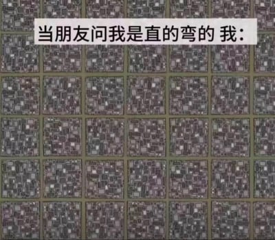 这是一张搞笑网络梗图，主体是城市建成区的俯视视角画面，笔直的直线型道路呈规则网格状排布，将整个区域切分成多个规整的方形街区，每个街区内部的建筑排布错落带有弧度，画面中同时存在笔直的元素和弯曲的元素。图片顶部配有文字“当朋友问我是直的弯的 我：”，利用“直”“弯”的字面含义和性取向指代的双关属性，调侃自己的性取向难以明确界定或可直可弯，达到搞笑自嘲的效果。