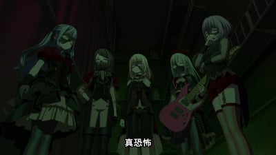 图片展示了五个身着暗黑系服装的动漫女性角色，她们都戴着面具，站在一个昏暗的工业风格场景中。其中一人手持粉色电吉他，整体氛围神秘而冷峻。画面底部有文字"真恐怖"，强化了场景的阴森感。