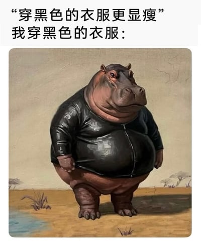 这是一张自嘲风格的网络梗图，上方配有文字“‘穿黑色的衣服更显瘦’我穿黑色的衣服：”，下方是AI生成的拟人化河马形象，河马身着一件黑色拉链皮衣，身形依旧臃肿庞大，完全没有“显瘦”的效果。这张图用夸张、幽默的动物形象，调侃了“黑色衣服显瘦”这个穿搭常识在自己身上失效的情况，精准戳中身材焦虑人群的痛点，通过自嘲的方式引发网友共鸣，属于网络上流行的搞笑吐槽类内容。