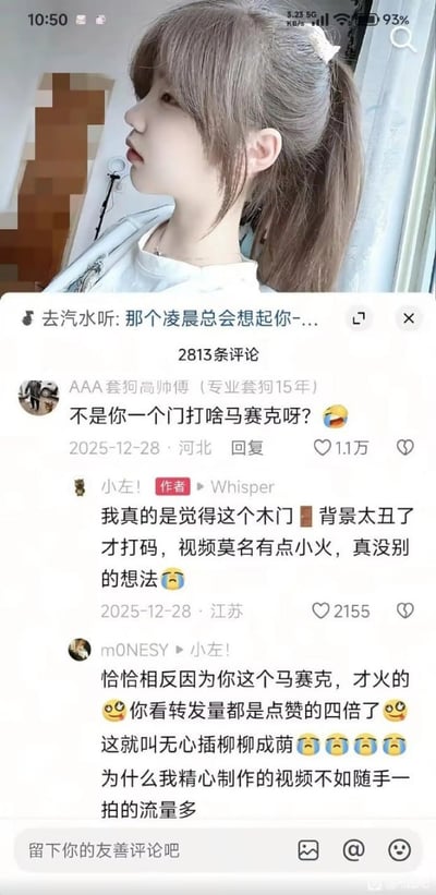 图片上半部分是一位扎着浅棕色马尾的女生侧颜自拍，背景中左侧木门区域被打了马赛克。下半部分为社交媒体评论区截图，显示用户“AAA套狗高帅傅”调侃“不是你一个人打啥马赛克呀😂”获1.1万点赞，作者“小左!”回复称因木门背景太丑才打码，视频意外小火。用户“m0NESY”则指出“恰恰相反因为你这个马赛克，才火的”，并感叹“无心插柳柳成荫”，引发关于流量现象的讨论。