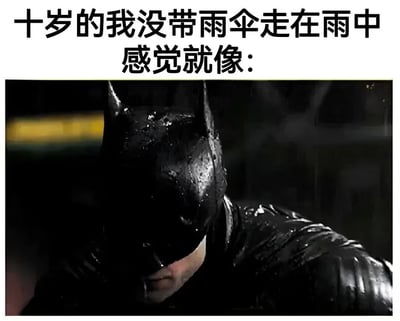 这是一张搞笑网络梗图，采用顶部配文加下方图片的结构，顶部文字表述“十岁的我没带雨伞走在雨中感觉就像：”，下方配的是《新蝙蝠侠》电影中蝙蝠侠身着战衣在雨中全身被打湿的酷帅画面，精准还原了孩童时期淋雨时觉得自己十分帅气、如同超级英雄的中二心理，容易引发大众的童年回忆共鸣，充满趣味。