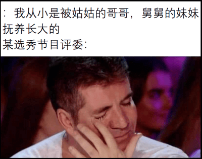 图片上半部分为文字内容：“我从小是被姑姑的哥哥，舅舅的妹妹抚养长大的 某选秀节目评委：”，下半部分是一位男性选秀评委单手扶额、表情困惑思索的截图。
该梗通过复杂的亲属关系描述制造幽默效果，实际“姑姑的哥哥”即父亲，“舅舅的妹妹”即母亲，本质是说“被父母抚养长大”，却用绕弯子的表述让评委产生困惑反应。