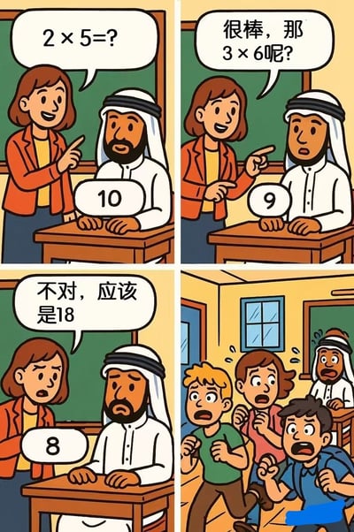 四格漫画展现课堂名场面：老师先问2×5，戴头巾的学生答10获表扬；接着问3×6，学生答9；老师纠正应为18后，学生桌上答案竟变成8，表情沮丧；最后其他同学惊恐逃窜，疑似被学生的数学能力吓到。